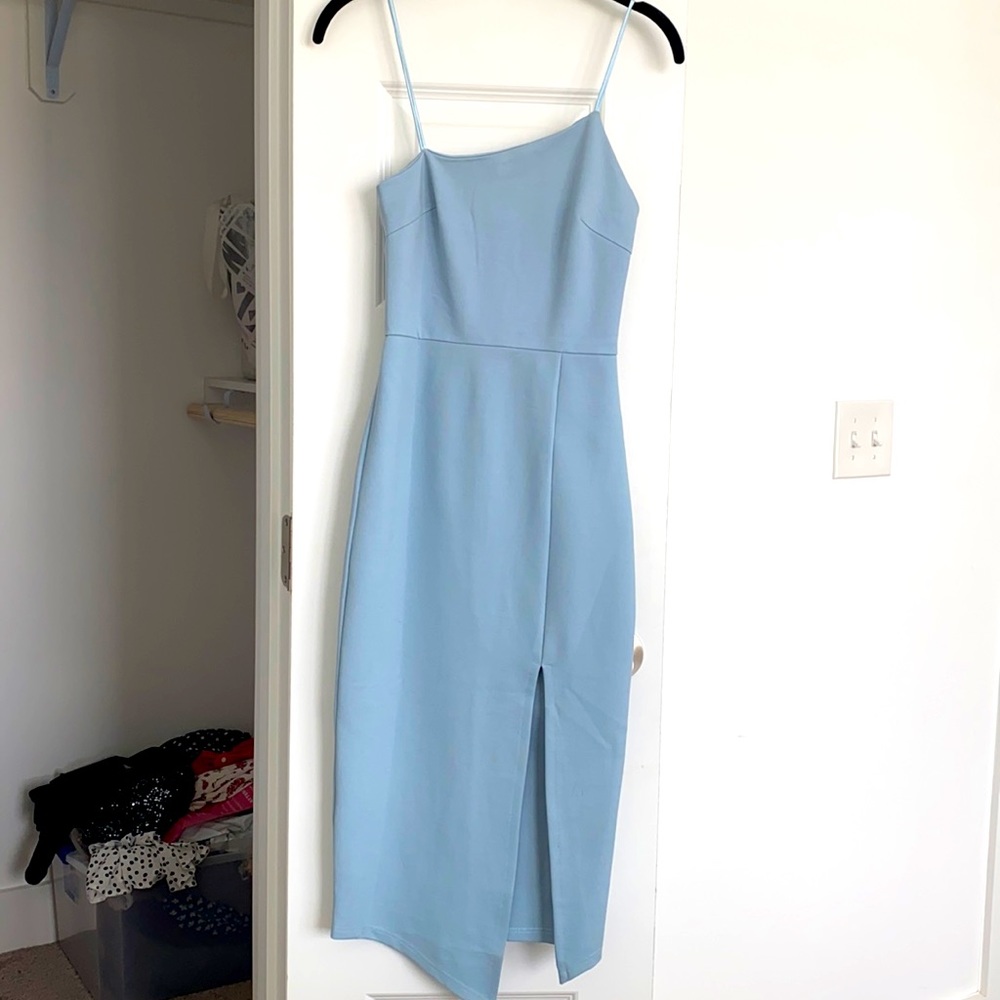 Powder blue asymmetrical body con midi dress with slit